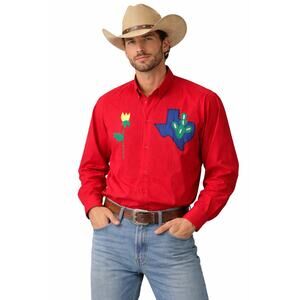 1980s Needleworks Etc Western Texas Appliqué Tuxedo Red Shirt Medium